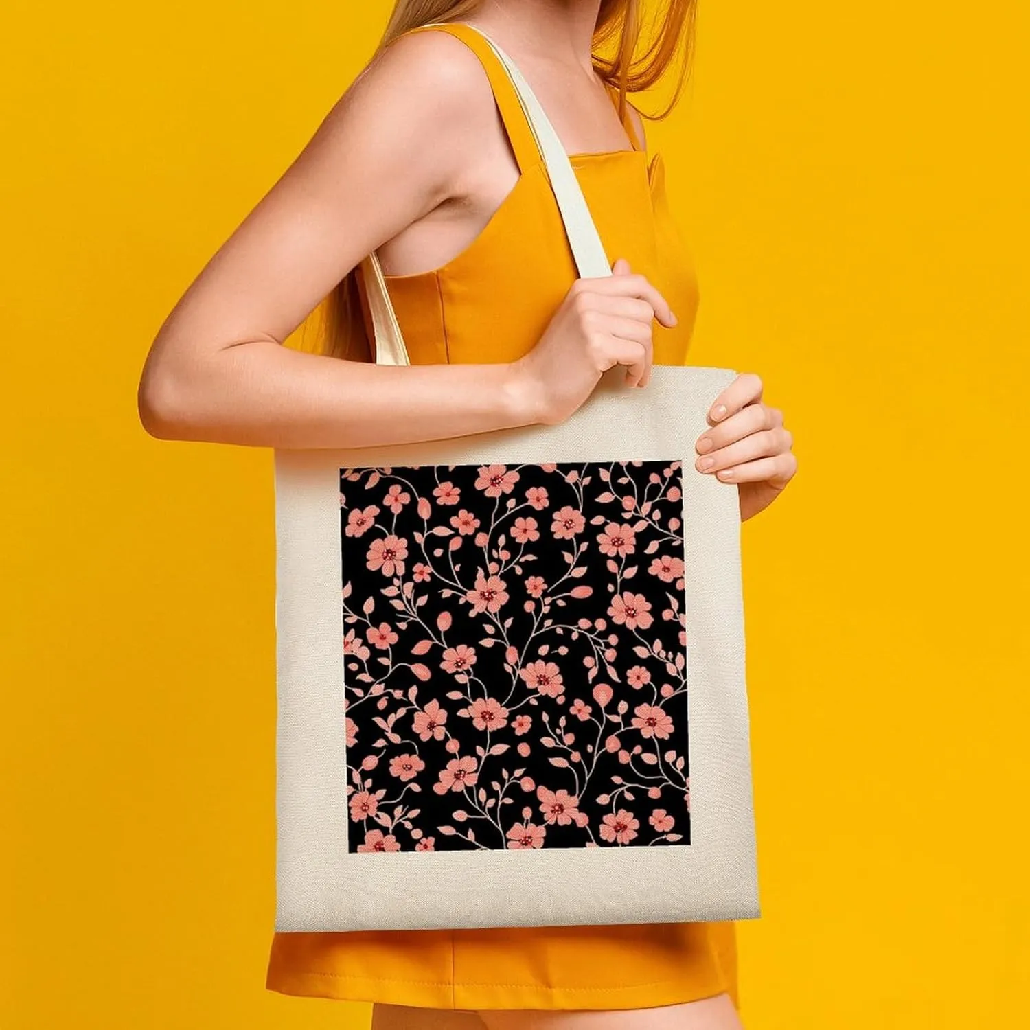 Floral Print Canvas Lightweight Tote Bags Casual Handbags Reusable Grocery Shopping Bag 13.4x15.8in