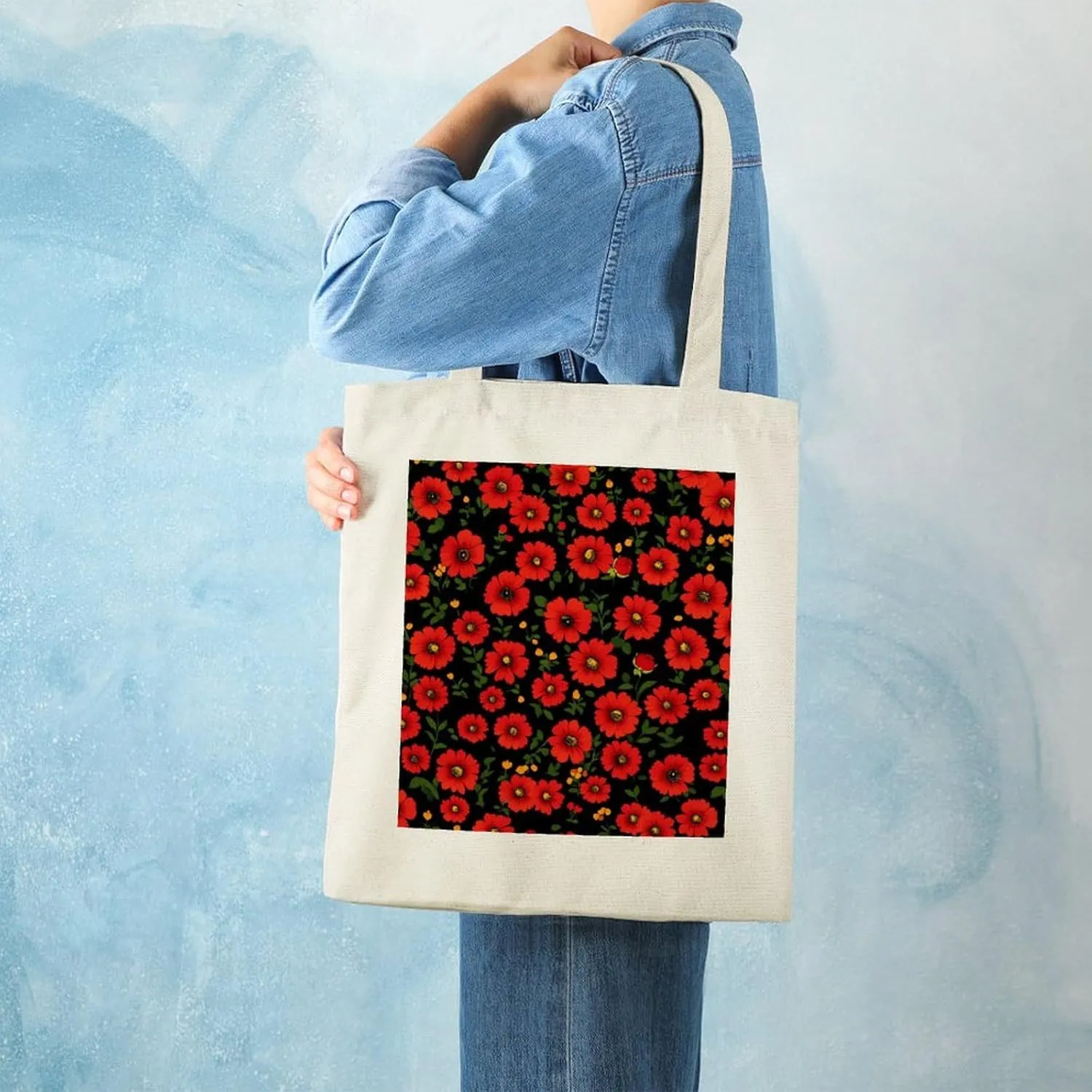 Floral Print Canvas Lightweight Tote Bags Casual Handbags Reusable Grocery Shopping Bag 13.4x15.8in