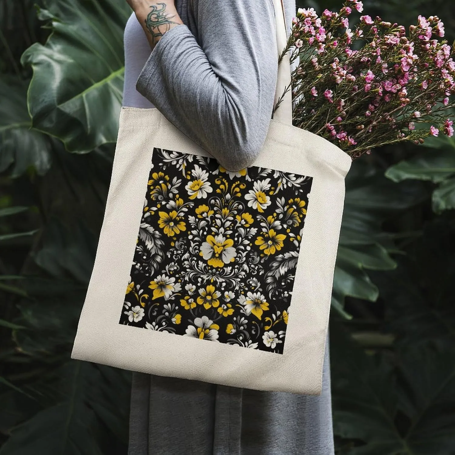 Floral Print Canvas Lightweight Tote Bags Casual Handbags Reusable Grocery Shopping Bag 13.4x15.8in