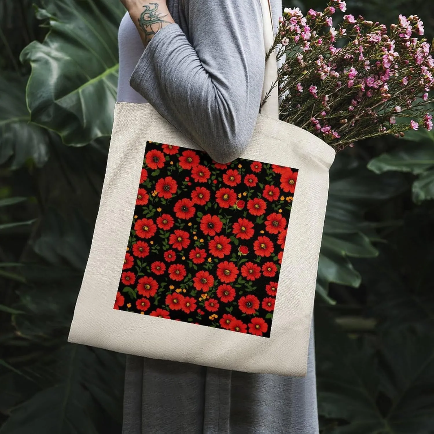 Floral Print Canvas Lightweight Tote Bags Casual Handbags Reusable Grocery Shopping Bag 13.4x15.8in