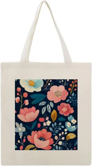 Floral Print Canvas Lightweight Tote Bags Casual Handbags Reusable Grocery Shopping Bag 13.4x15.8in