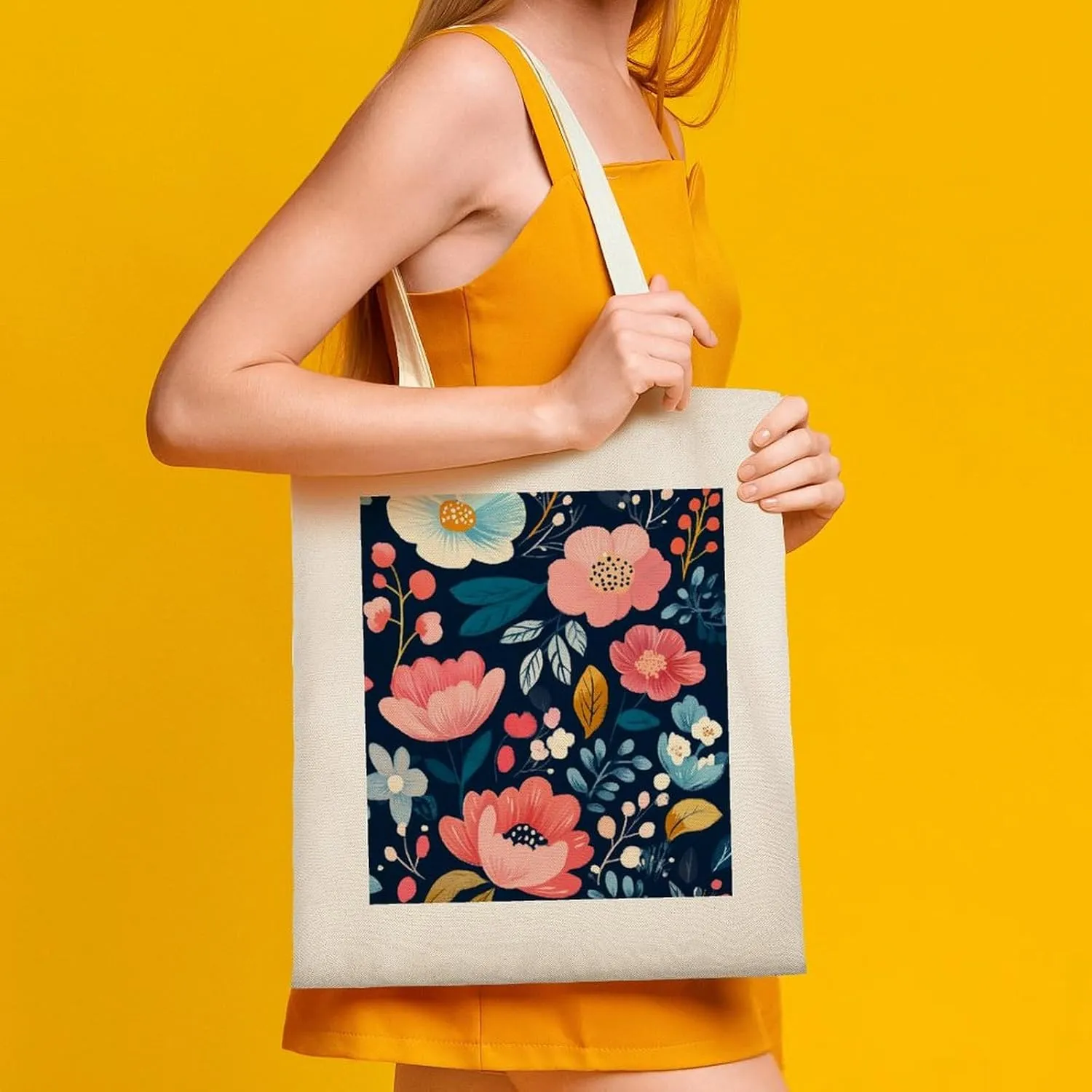 Floral Print Canvas Lightweight Tote Bags Casual Handbags Reusable Grocery Shopping Bag 13.4x15.8in