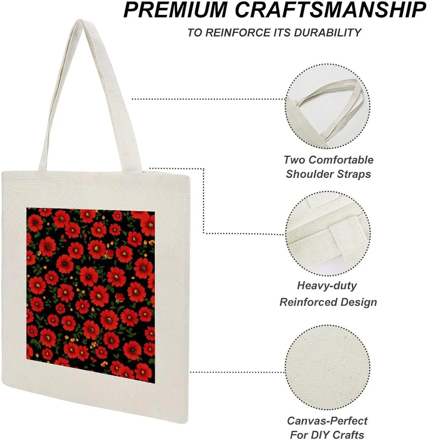 Floral Print Canvas Lightweight Tote Bags Casual Handbags Reusable Grocery Shopping Bag 13.4x15.8in