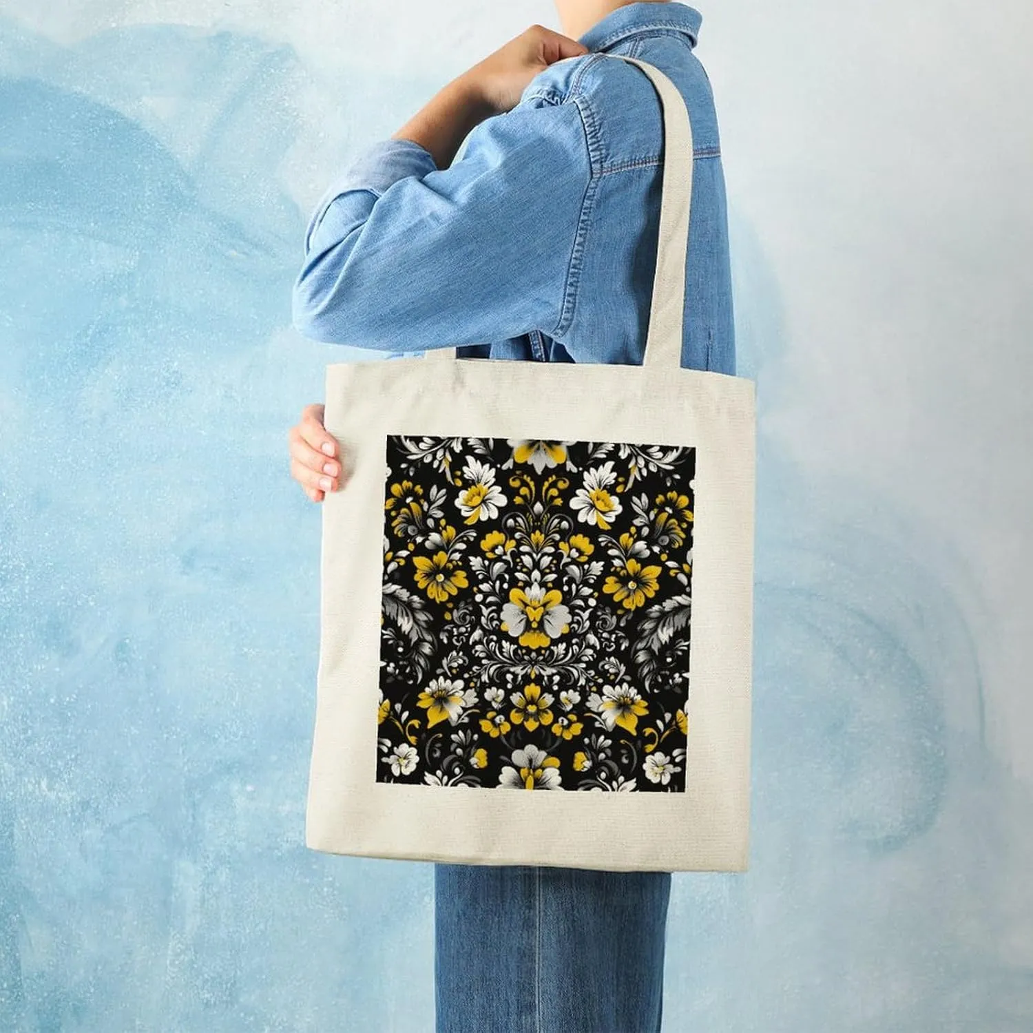 Floral Print Canvas Lightweight Tote Bags Casual Handbags Reusable Grocery Shopping Bag 13.4x15.8in
