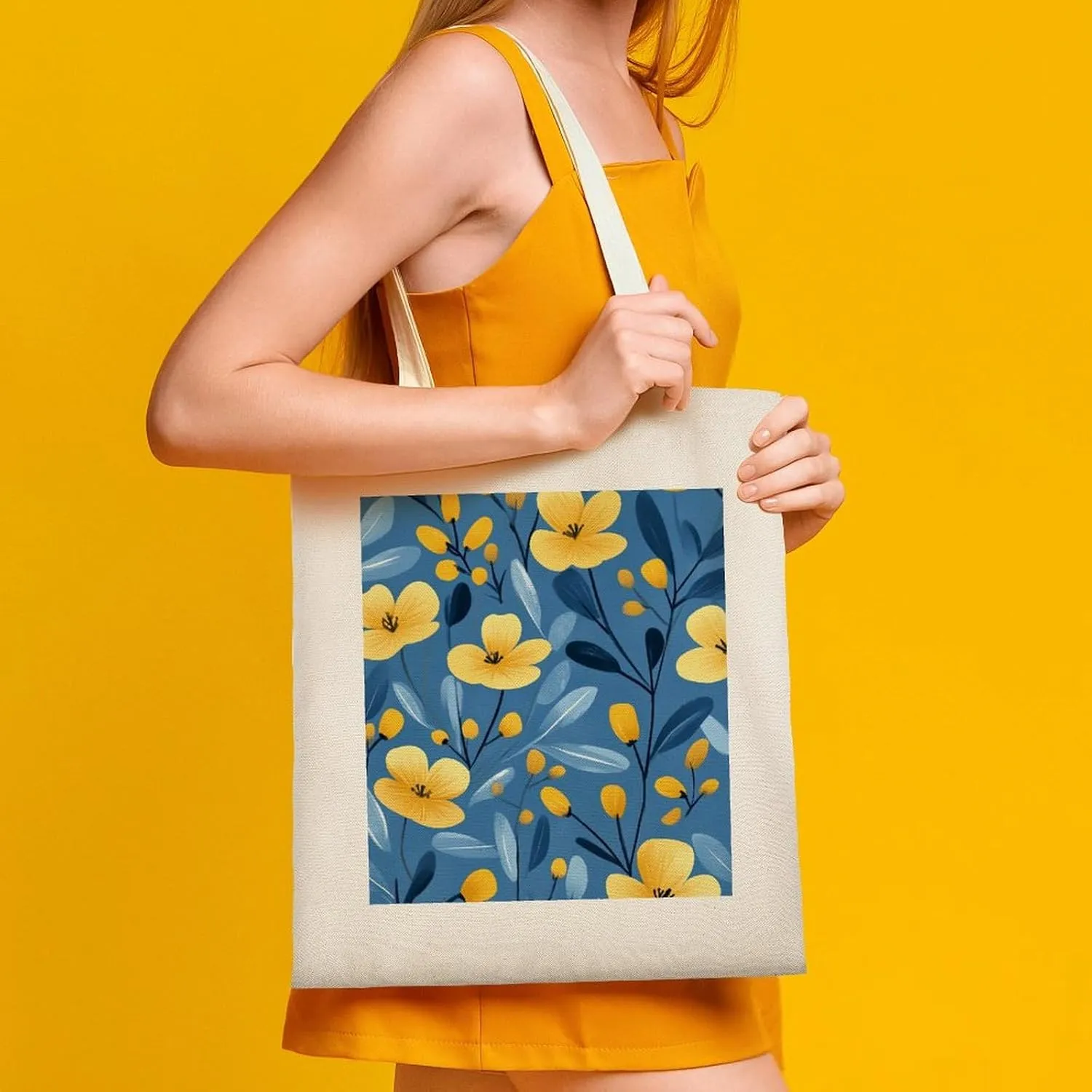 Floral Print Canvas Lightweight Tote Bags Casual Handbags Reusable Grocery Shopping Bag 13.4x15.8in