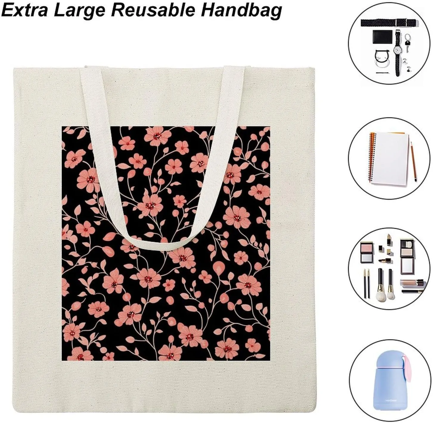 Floral Print Canvas Lightweight Tote Bags Casual Handbags Reusable Grocery Shopping Bag 13.4x15.8in