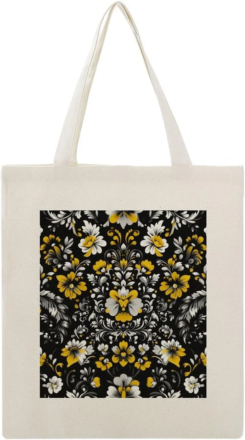Floral Print Canvas Lightweight Tote Bags Casual Handbags Reusable Grocery Shopping Bag 13.4x15.8in