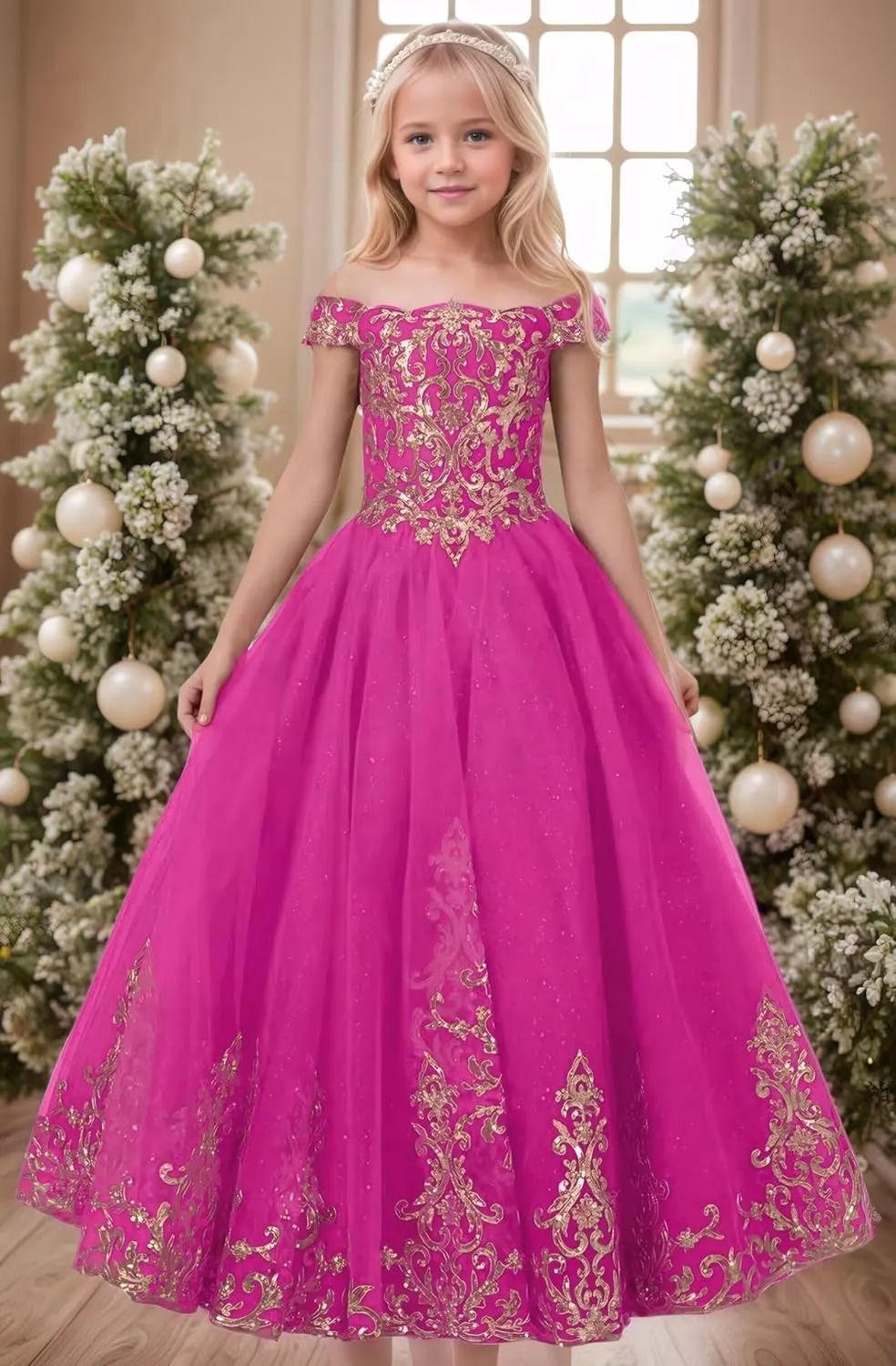 Flower Girl Dress Off Shoulder Princess Pageant Dresses for Girls Sleeveless Floral Prom Communion Wedding Ball Gown