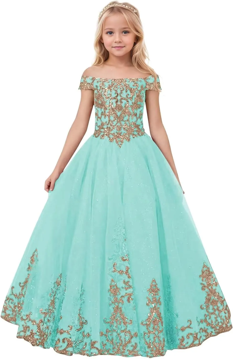 Flower Girl Dress Off Shoulder Princess Pageant Dresses for Girls Sleeveless Floral Prom Communion Wedding Ball Gown