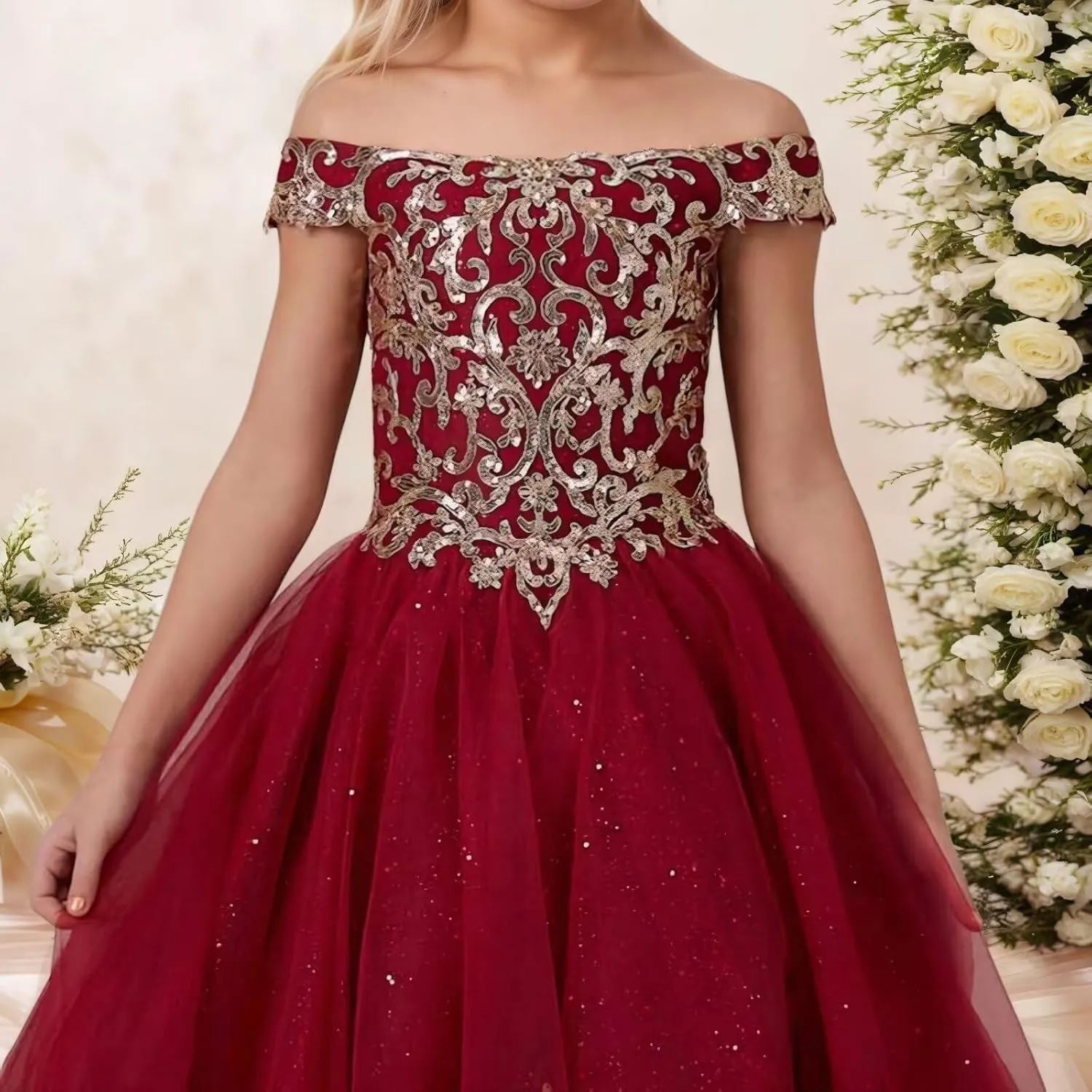 Flower Girl Dress Off Shoulder Princess Pageant Dresses for Girls Sleeveless Floral Prom Communion Wedding Ball Gown
