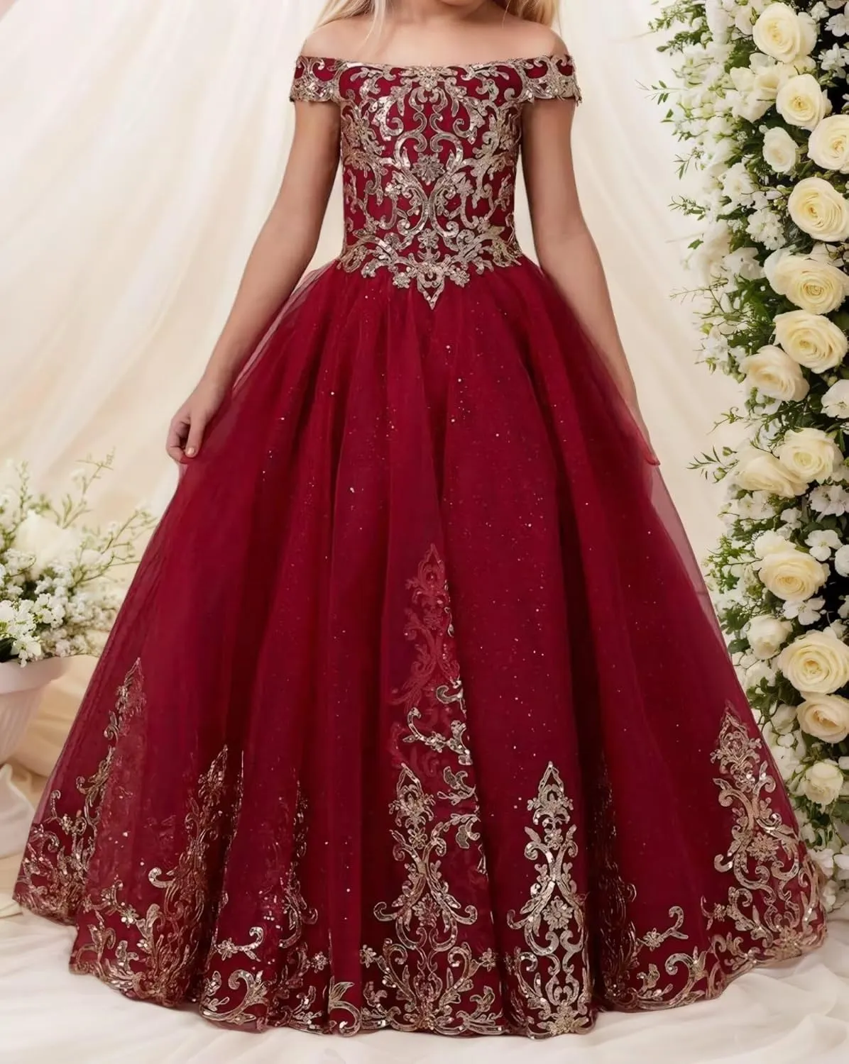 Flower Girl Dress Off Shoulder Princess Pageant Dresses for Girls Sleeveless Floral Prom Communion Wedding Ball Gown