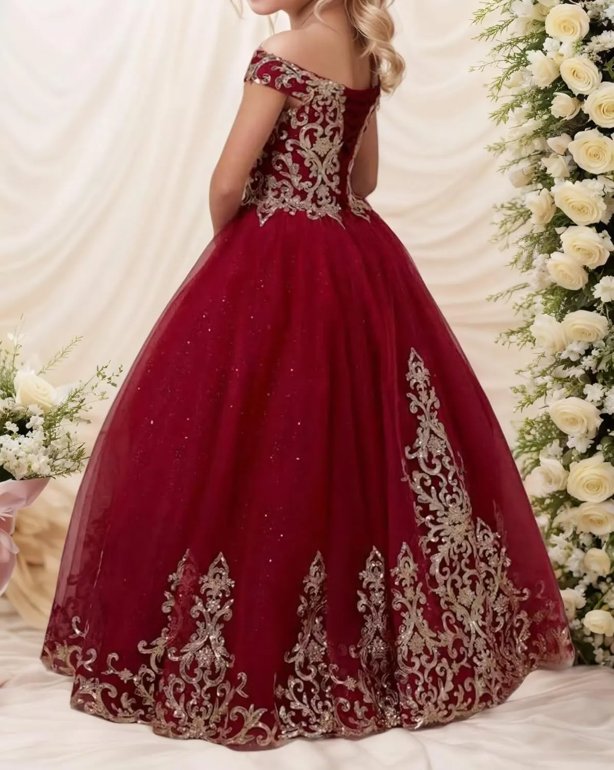 Flower Girl Dress Off Shoulder Princess Pageant Dresses for Girls Sleeveless Floral Prom Communion Wedding Ball Gown