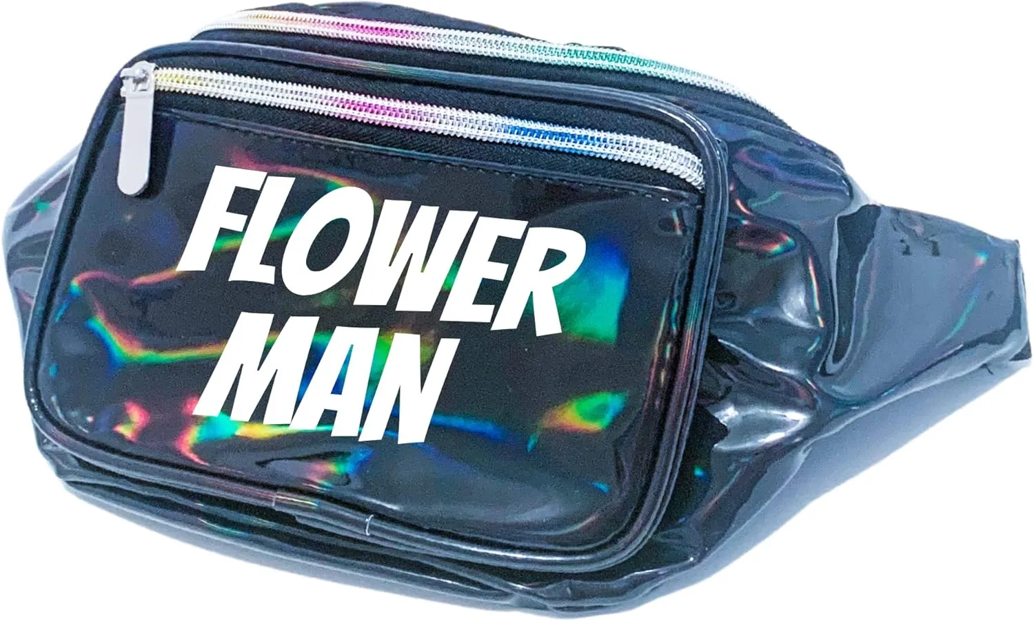 Flower Man Holographic Metallic Fanny Pack (Black w/White Text)