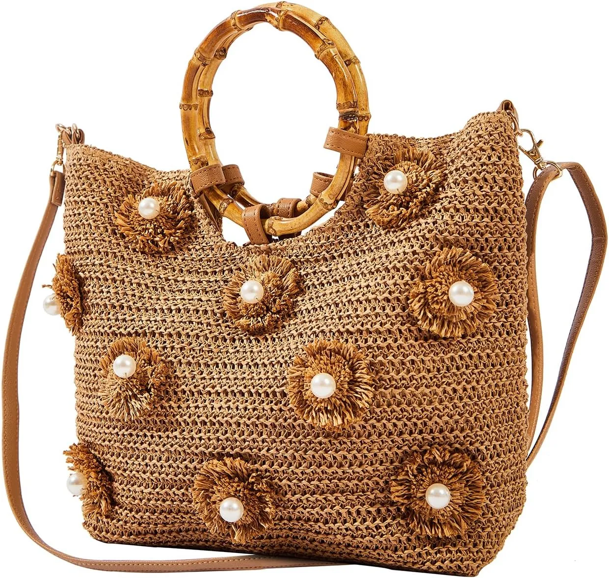 Flower Pearls Rattan Tote Bag Summer Beach Drawstring Straw Bucket Bag Diamonds Woven Handbag