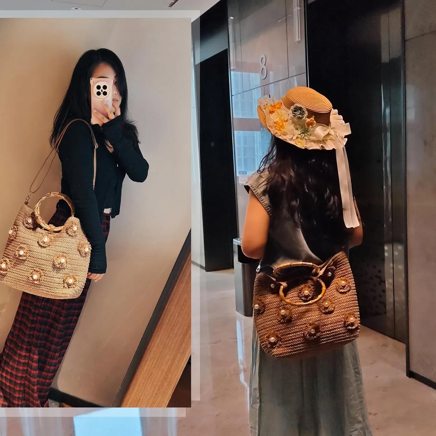 Flower Pearls Rattan Tote Bag Summer Beach Drawstring Straw Bucket Bag Diamonds Woven Handbag