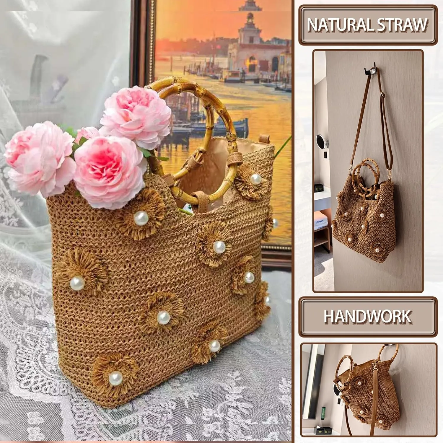 Flower Pearls Rattan Tote Bag Summer Beach Drawstring Straw Bucket Bag Diamonds Woven Handbag