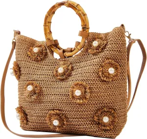Flower Pearls Rattan Tote Bag Summer Beach Drawstring Straw Bucket Bag Diamonds Woven Handbag