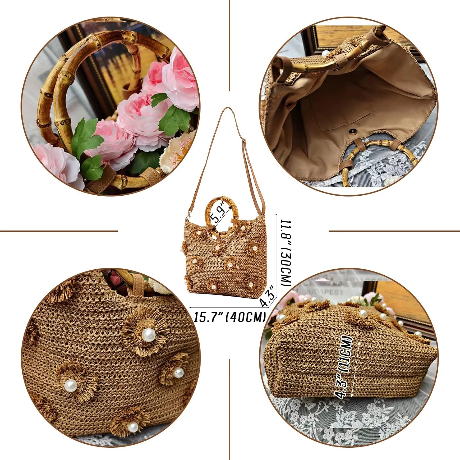 Flower Pearls Rattan Tote Bag Summer Beach Drawstring Straw Bucket Bag Diamonds Woven Handbag
