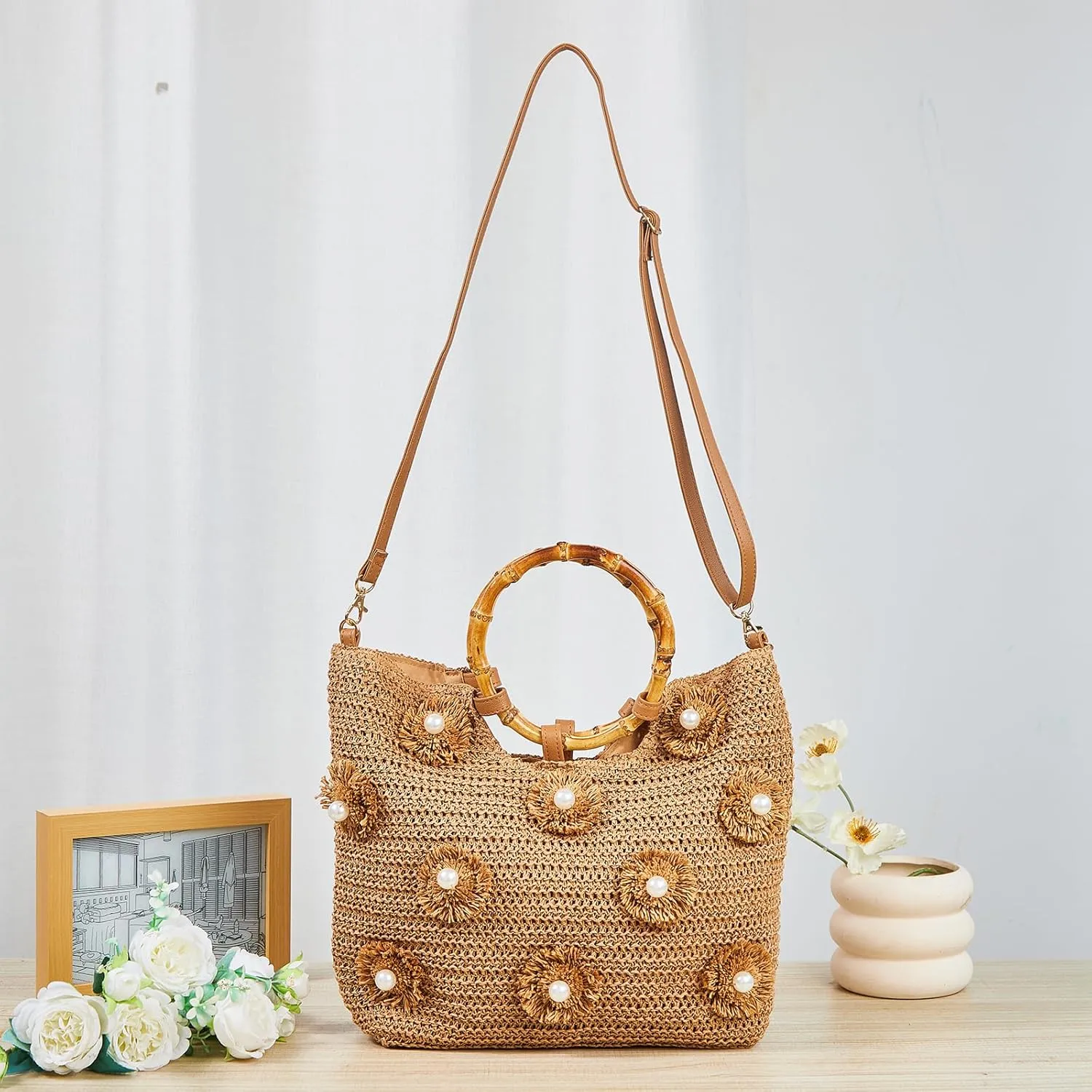 Flower Pearls Rattan Tote Bag Summer Beach Drawstring Straw Bucket Bag Diamonds Woven Handbag