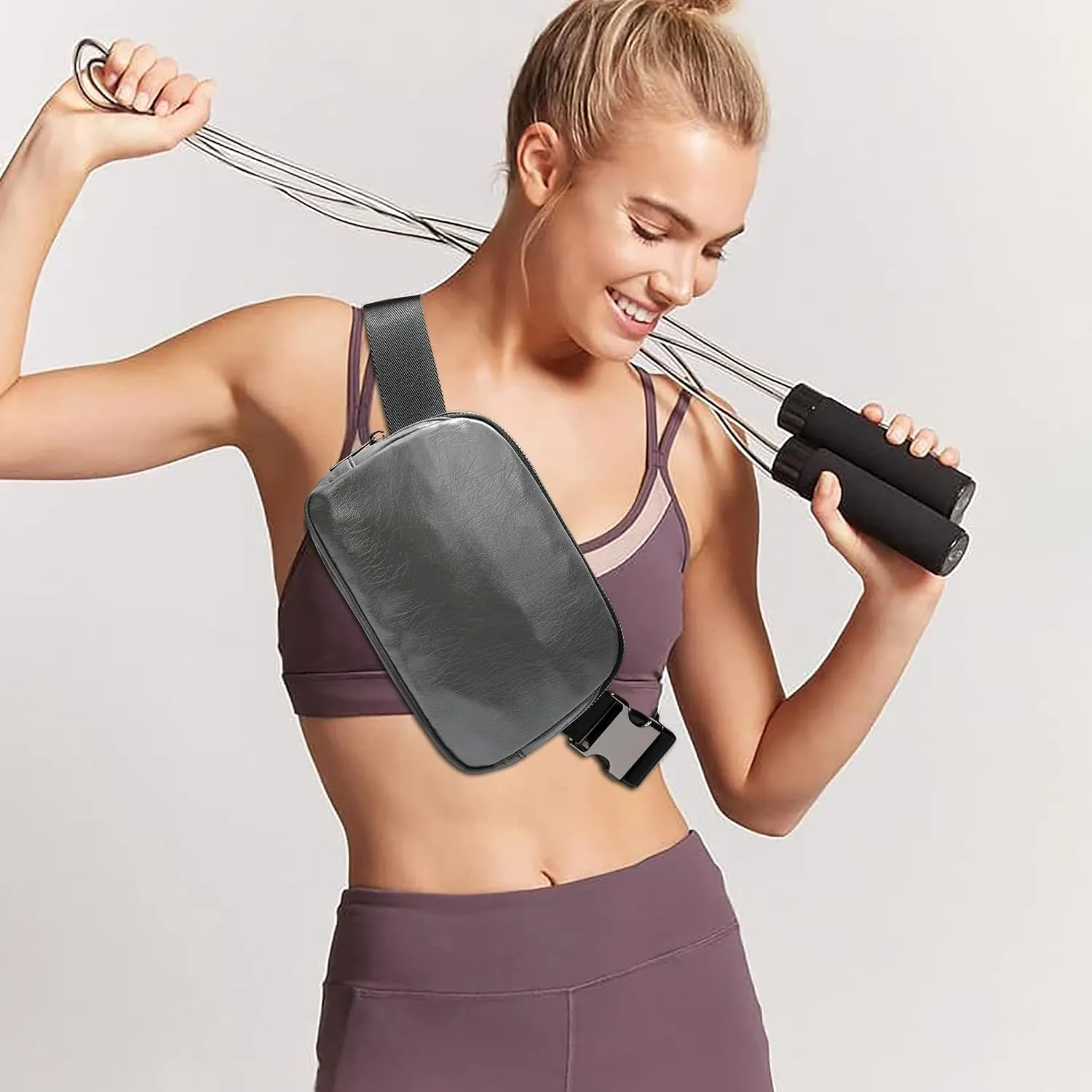 FODOKO Fanny Packs for Women Men, Fashionable PU Leather Belt Bag Waist Pack for Women with Adjustable Strap, Bum Bag for Running Hiking Travel Workout （PU Grey)
