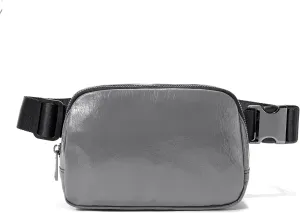 FODOKO Fanny Packs for Women Men, Fashionable PU Leather Belt Bag Waist Pack for Women with Adjustable Strap, Bum Bag for Running Hiking Travel Workout （PU Grey)