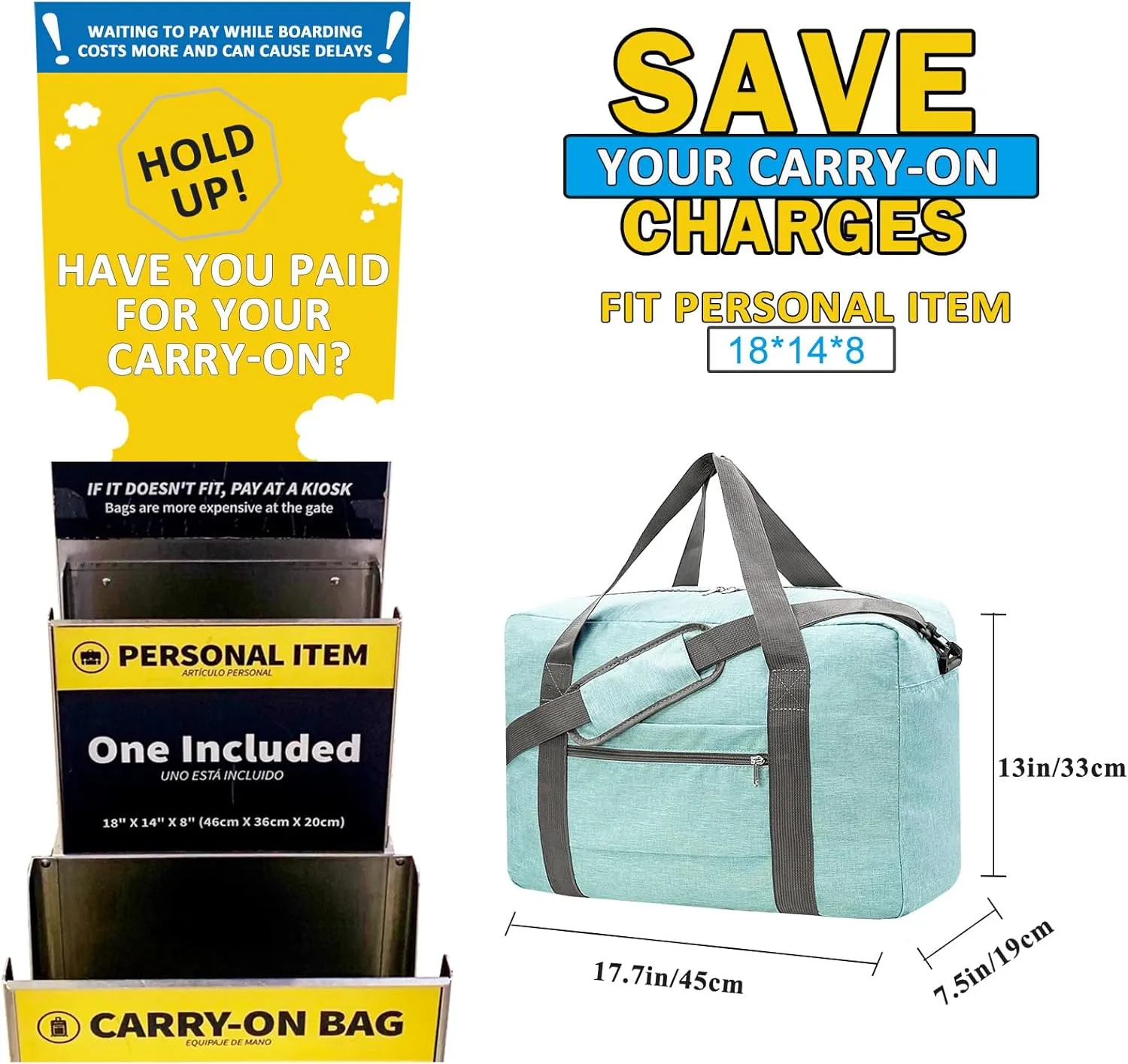 For Spirit Airlines Personal Item Bag 18x14x8 Foldable Carry on Bags for Airplanes Travel Duffel Bags for Women and Men