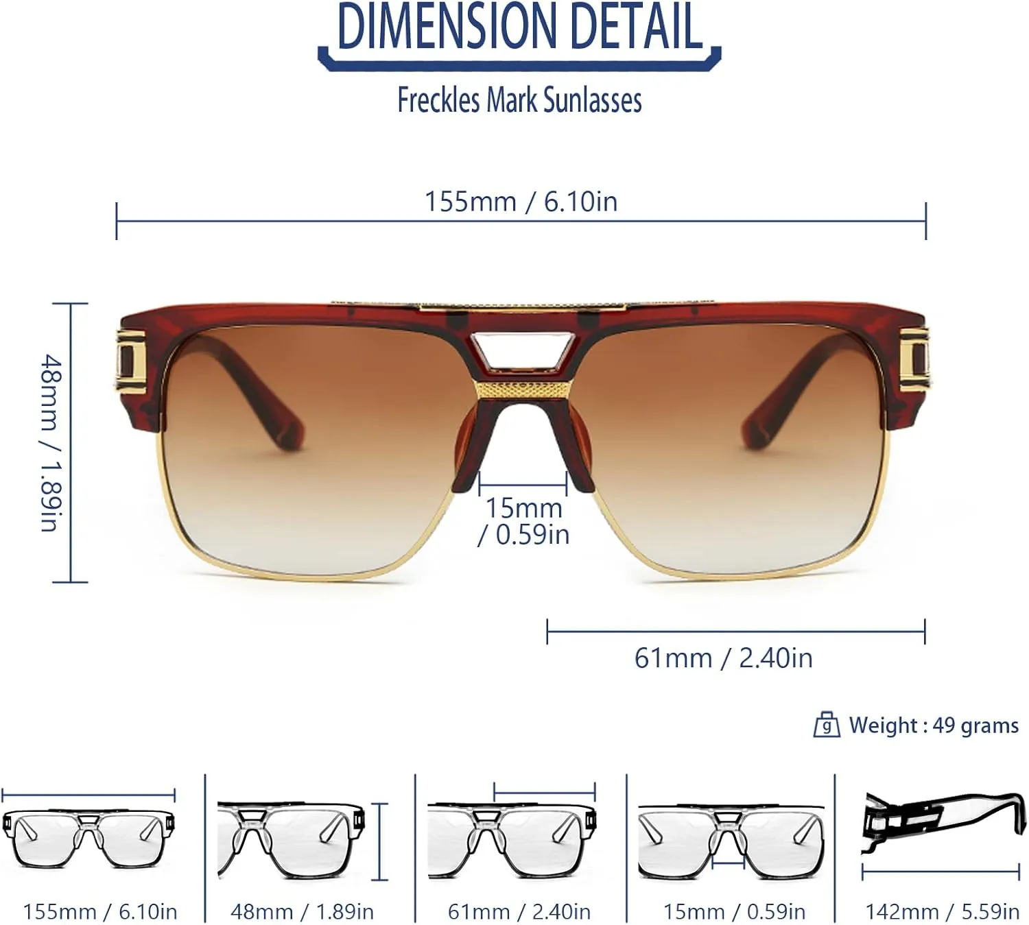 Freckles Mark 70s Retro Sunglasses Mens Womens Trendy Square Gold Metal Sun Glasses Vintage Gangster Style