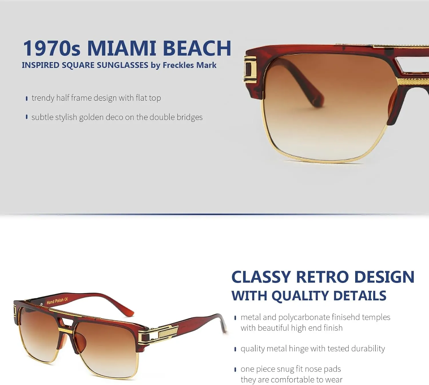 Freckles Mark 70s Retro Sunglasses Mens Womens Trendy Square Gold Metal Sun Glasses Vintage Gangster Style