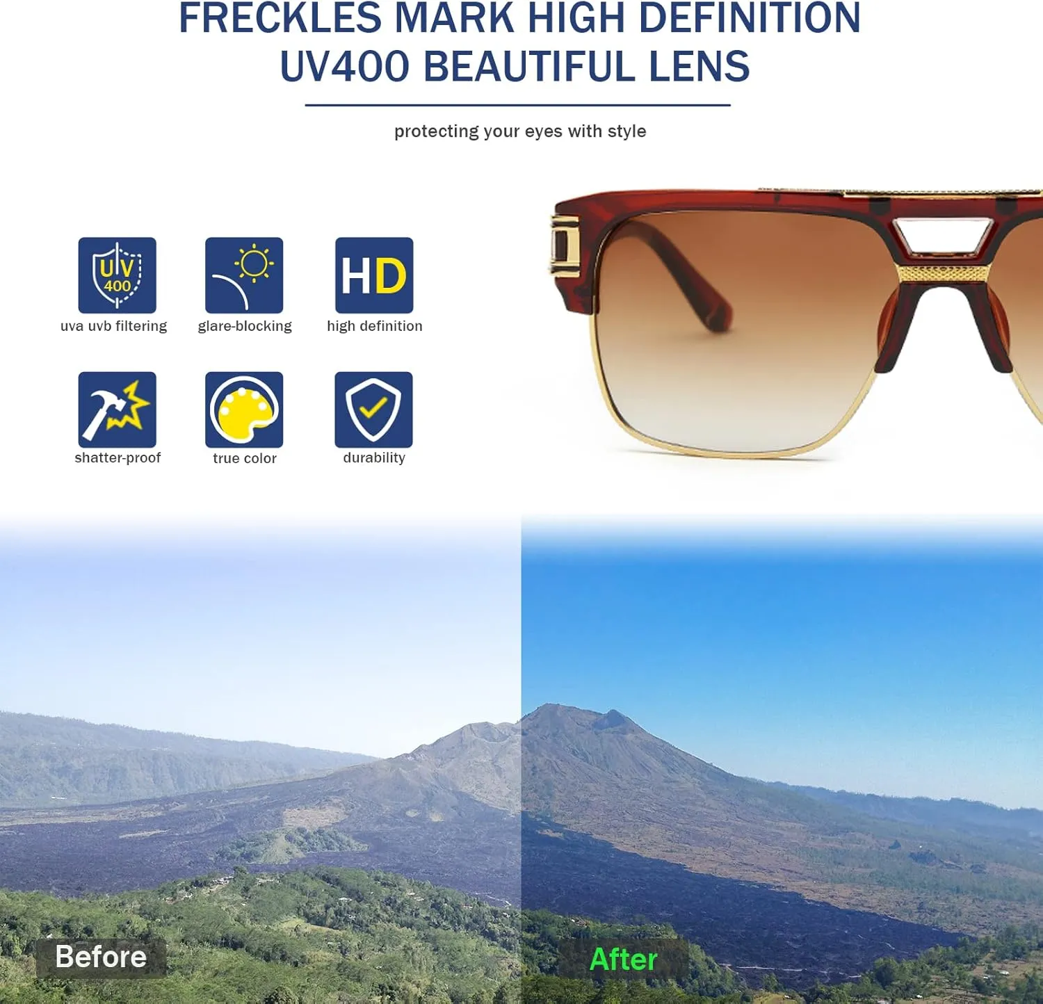 Freckles Mark 70s Retro Sunglasses Mens Womens Trendy Square Gold Metal Sun Glasses Vintage Gangster Style