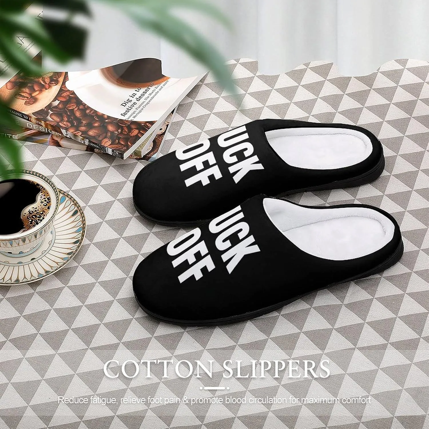 Fuck-Off Women's Cotton Slippers Warm Soft Bedroom Shoes with Anti Slip Sole for Home Casual