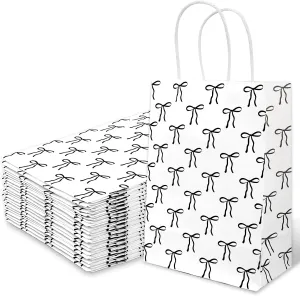 FYSUIMU 24Pcs Black Bow Paper Bags Cute Bowknot Treat Bags with Handles Candy Goodie Bags Grocery Shopping Bags for Coquette Birthday Baby shower Party Favors Supplies