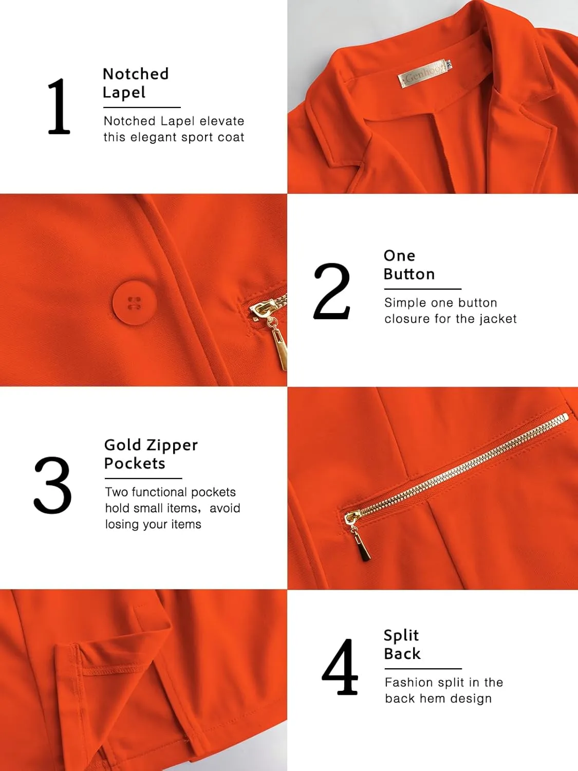 Genhoo Women's Long Sleeve Blazer Open Front Cardigan Jacket Work Office Blazer with Zipper Pockets S-3XL