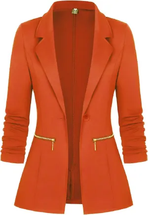 Genhoo Women's Long Sleeve Blazer Open Front Cardigan Jacket Work Office Blazer with Zipper Pockets S-3XL