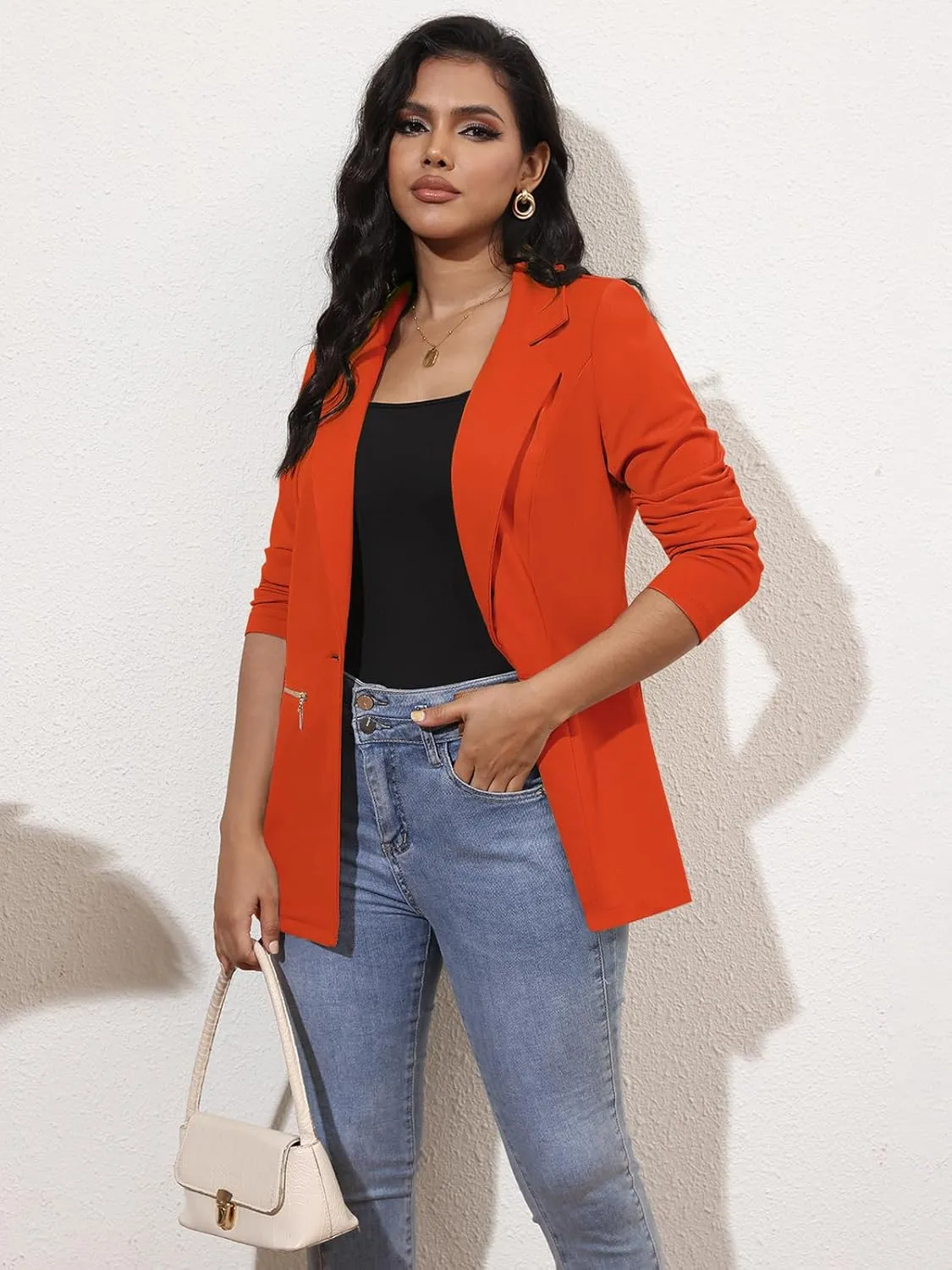 Genhoo Women's Long Sleeve Blazer Open Front Cardigan Jacket Work Office Blazer with Zipper Pockets S-3XL