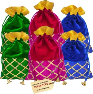 Genieland 12Pc (9x6.3) Big Designer Gota Patti Potli Organza Pouch Favour Bags Dry Fruit Large Holiday reusable Christmas Gift Bag Diwali Fabric multicolor Indian Housewarming Return Gift Items Bulk