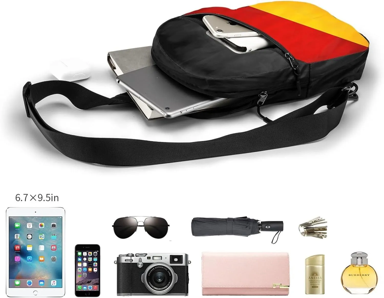 German Flag Packable Crossbody Bag Portable Sling Bags Foldable Travel Daypack Reusable Sports Shoulder Backpack Diagonally Chest Bag for Workout