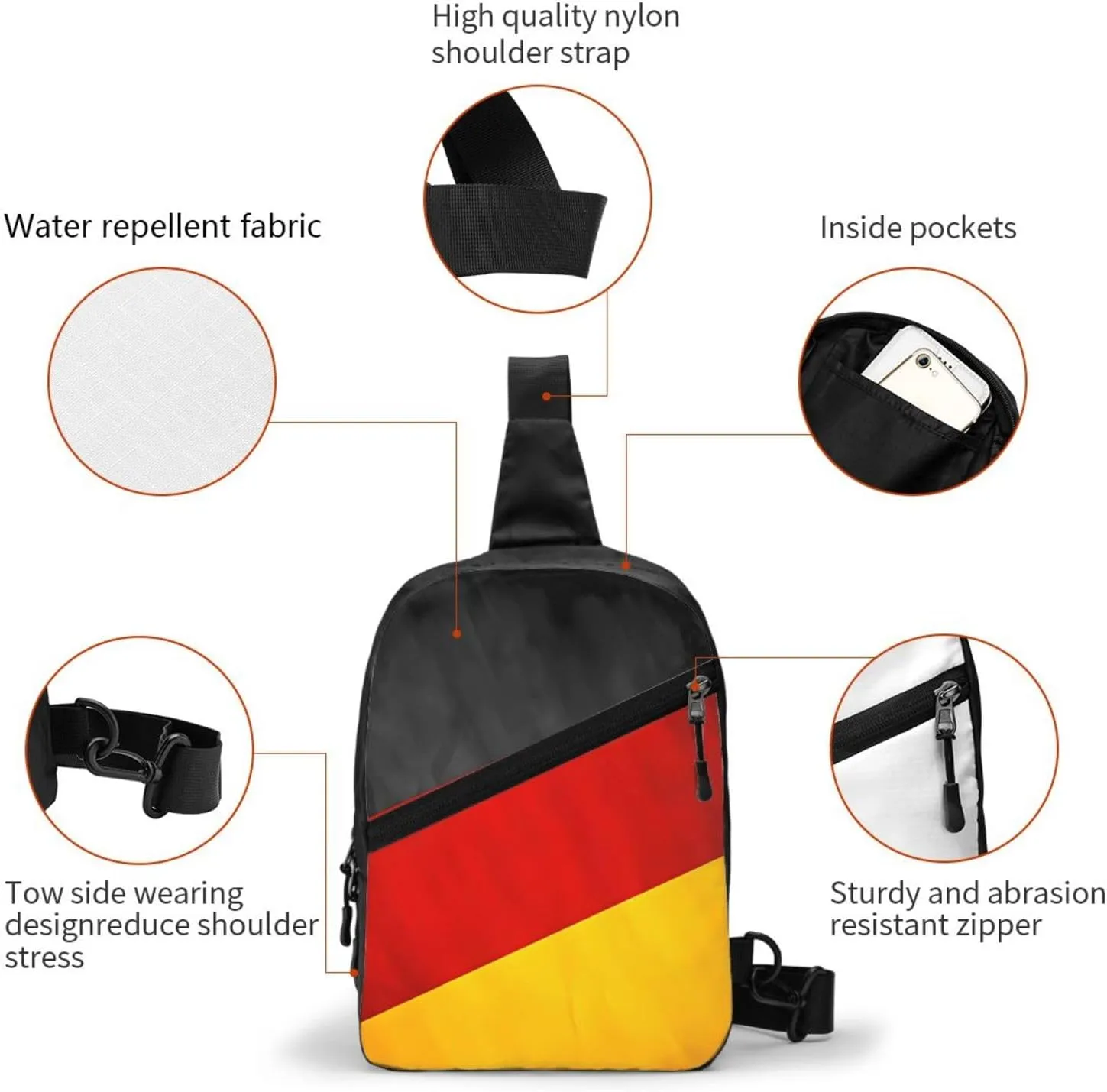 German Flag Packable Crossbody Bag Portable Sling Bags Foldable Travel Daypack Reusable Sports Shoulder Backpack Diagonally Chest Bag for Workout