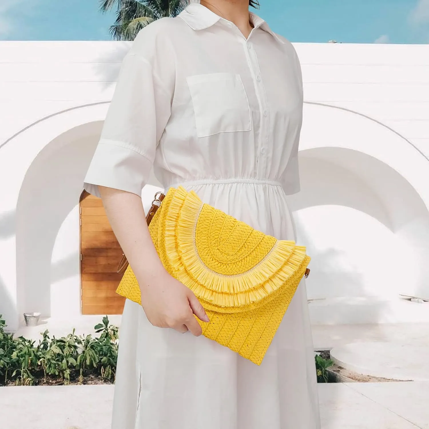 Gets Straw Clutch Bags for Women Handmade Woven Summer Beach Envelope Purse Wallet Crossbody Bag with Strap