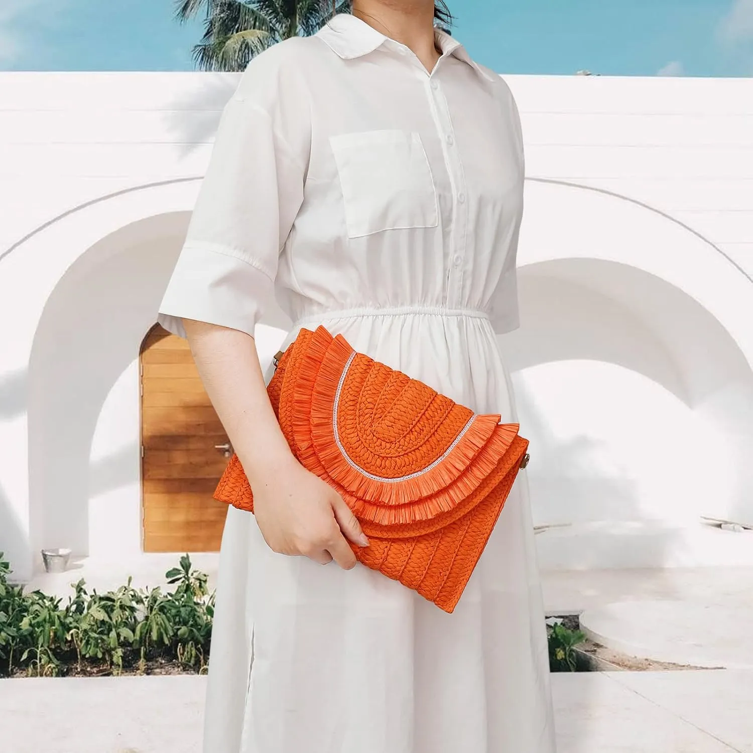 Gets Straw Clutch Bags for Women Handmade Woven Summer Beach Envelope Purse Wallet Crossbody Bag with Strap
