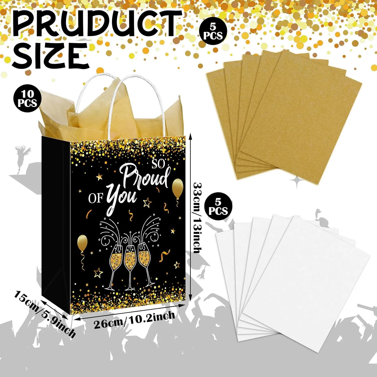 Geyoga 10 Pcs 13'' Large 2025 Graduation Party Favor Bags with Handles and Tissue Papers, Class of 2025 Graduation Gift Bags for High School College Congrats Grad Party Supplies(Black and Gold)