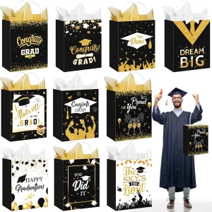 Geyoga 10 Pcs 13'' Large 2025 Graduation Party Favor Bags with Handles and Tissue Papers, Class of 2025 Graduation Gift Bags for High School College Congrats Grad Party Supplies(Black and Gold)