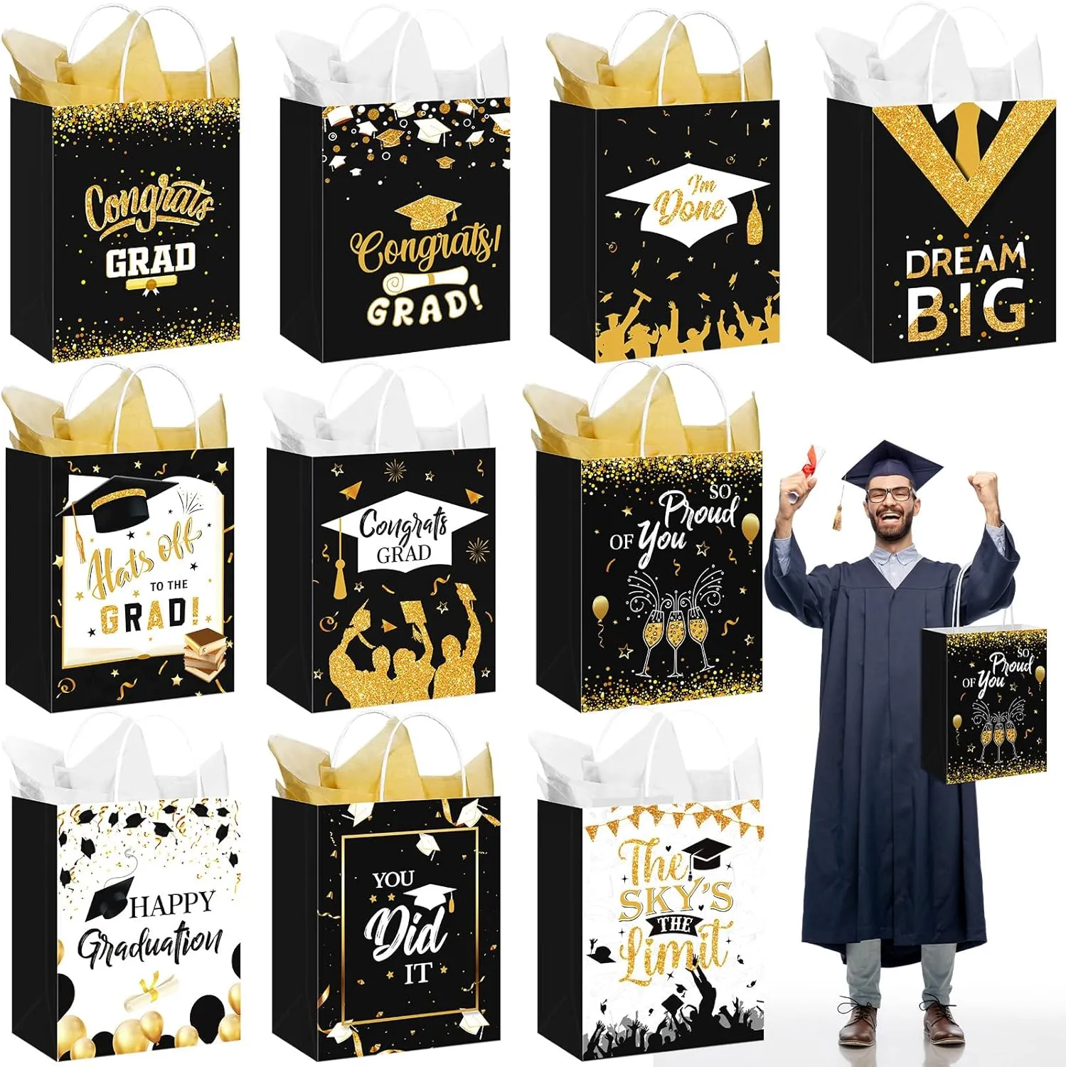 Geyoga 10 Pcs 13'' Large 2025 Graduation Party Favor Bags with Handles and Tissue Papers, Class of 2025 Graduation Gift Bags for High School College Congrats Grad Party Supplies(Black and Gold)
