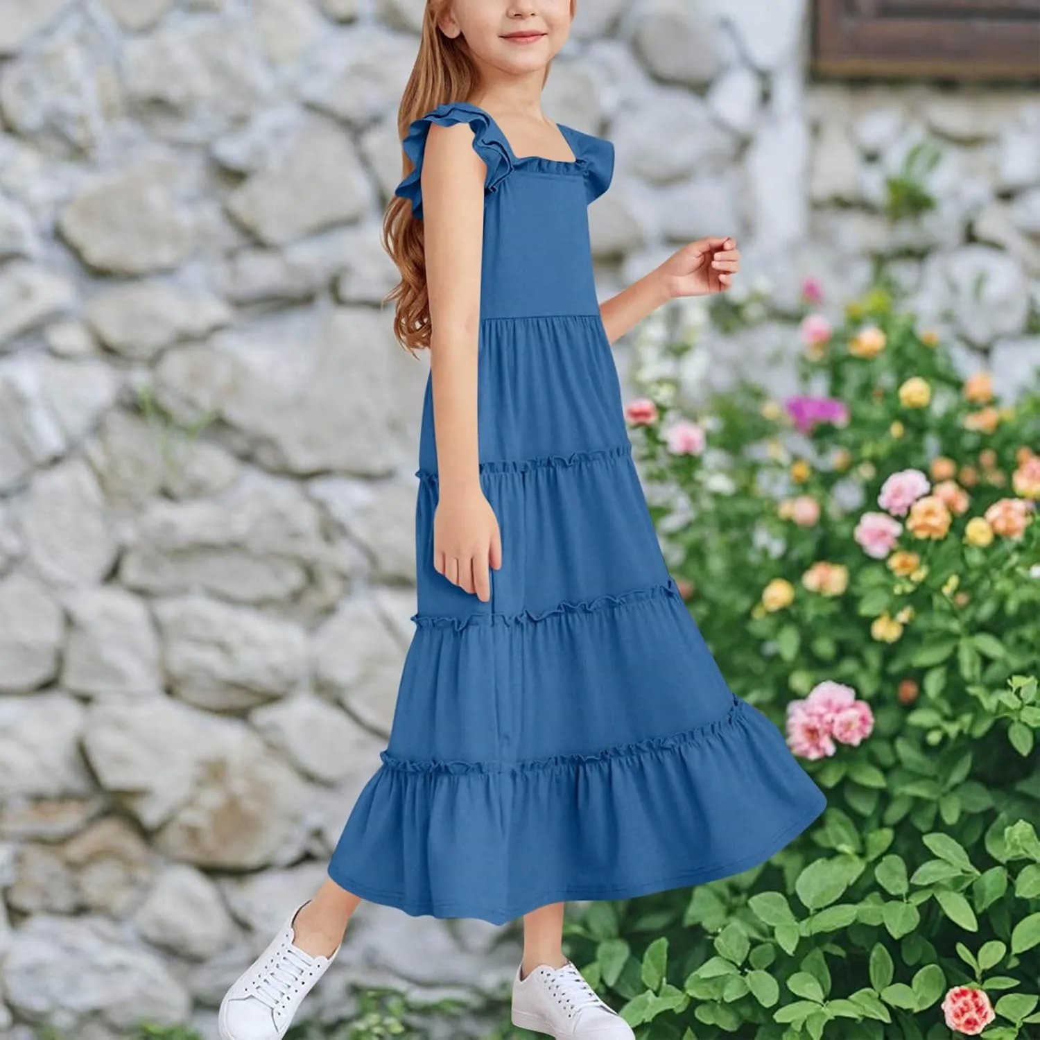 Girl's Dresses Summer Sleeveless Dress Ruffled Swing Dresses Color Block Midi Dress Casual Sundress Vacation Clothes