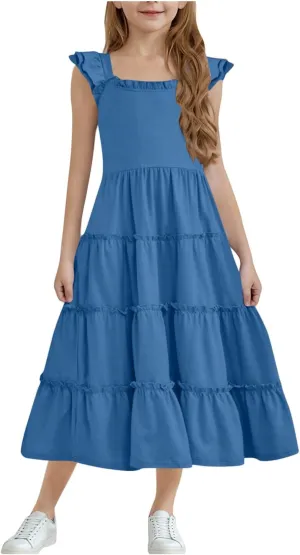 Girl's Dresses Summer Sleeveless Dress Ruffled Swing Dresses Color Block Midi Dress Casual Sundress Vacation Clothes