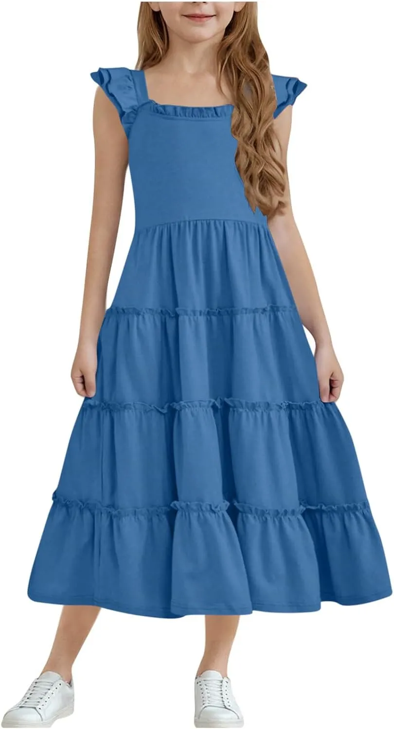 Girl's Dresses Summer Sleeveless Dress Ruffled Swing Dresses Color Block Midi Dress Casual Sundress Vacation Clothes