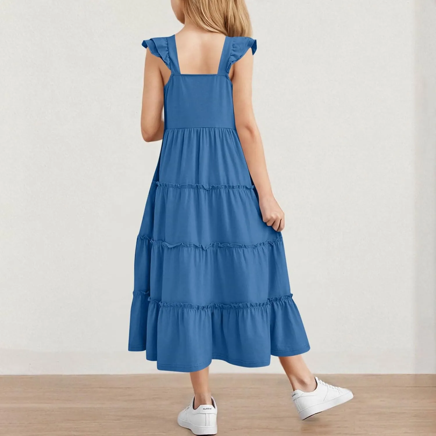 Girl's Dresses Summer Sleeveless Dress Ruffled Swing Dresses Color Block Midi Dress Casual Sundress Vacation Clothes