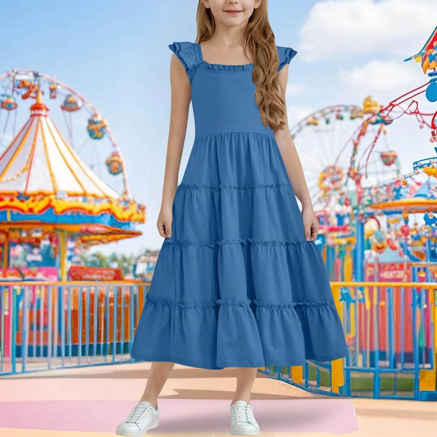 Girl's Dresses Summer Sleeveless Dress Ruffled Swing Dresses Color Block Midi Dress Casual Sundress Vacation Clothes