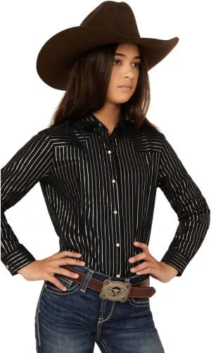 Girl's Metallic Stripe Snap Shirt Black L