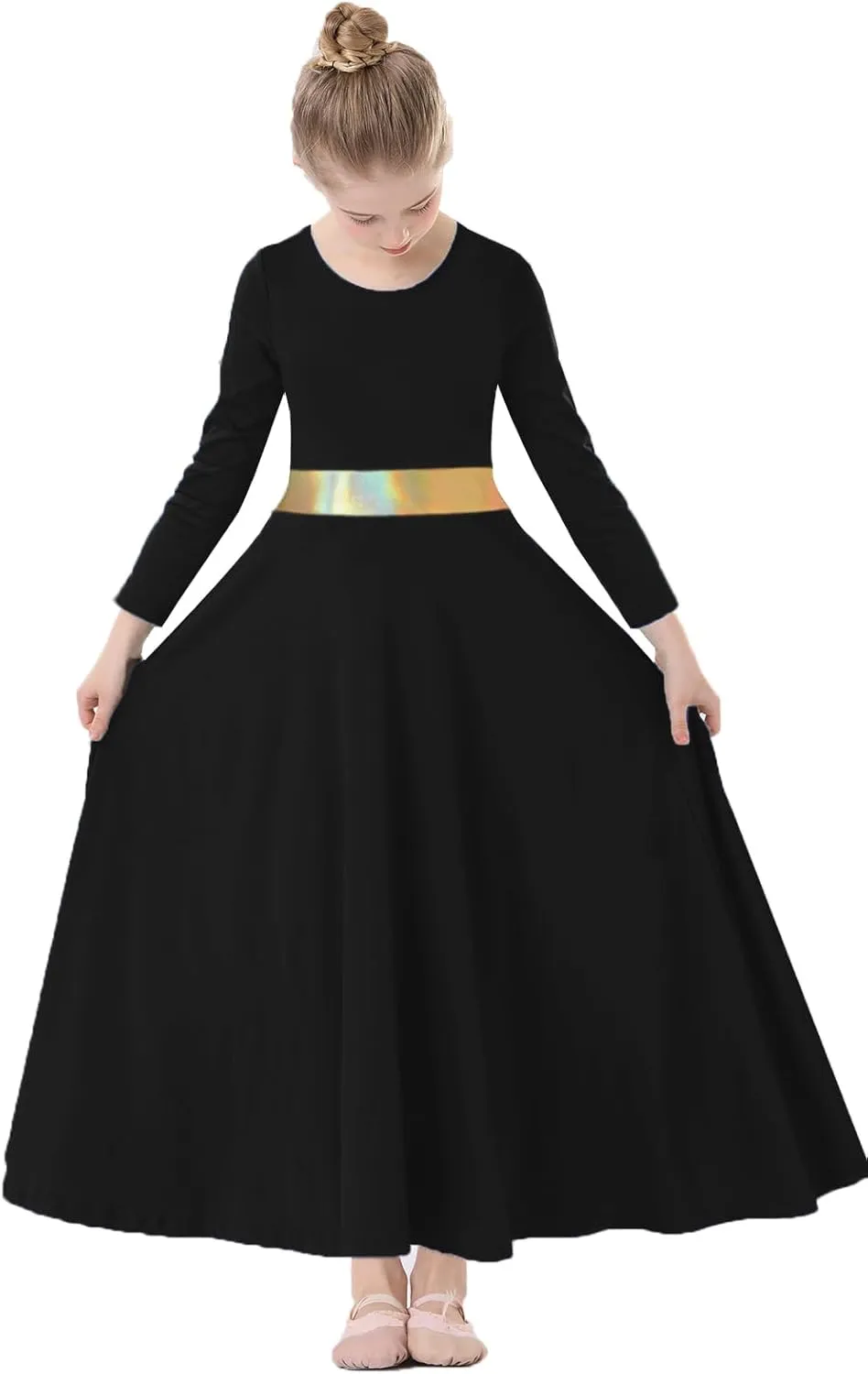 Girls Praise Dance Dress Metallic Gold Liturgical Worship Church Robe Full Length Swing Lyrical Costume