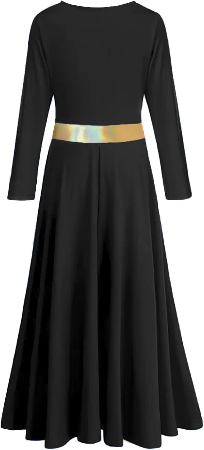 Girls Praise Dance Dress Metallic Gold Liturgical Worship Church Robe Full Length Swing Lyrical Costume